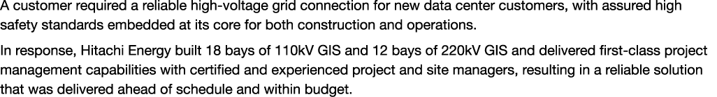 A customer required a reliable high voltage grid connection for new data center customers, with assured high safety s...