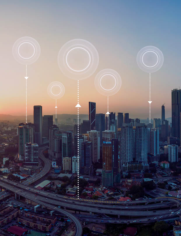 Panorama aerial view in the cityscape skyline  with network connection concept , early morning sunrise scene .