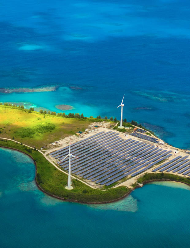 Solar farm on Romainville Island at Seychelles. View from above