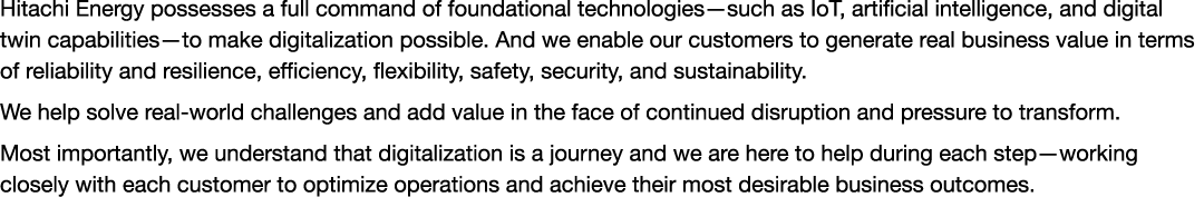 Hitachi Energy possesses a full command of foundational technologies—such as IoT, artificial intelligence, and digita...