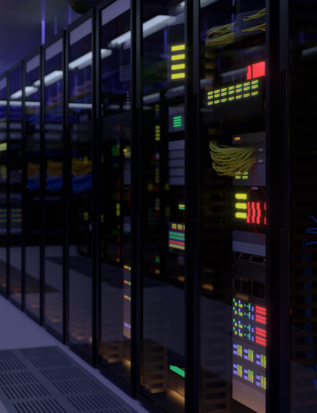 Working data center interior. Concept of hosting, computer cluster, supercomputer, virtual servers, digital cloud or mining crypto currency farm.