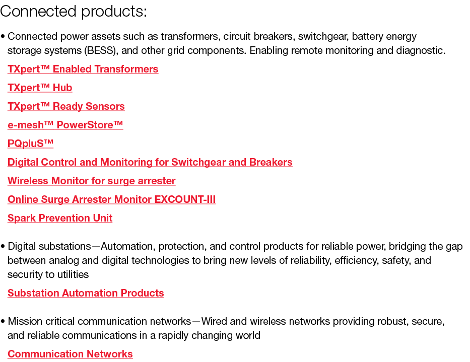 Connected products: • Connected power assets such as transformers, circuit breakers, switchgear, and battery energy  ...