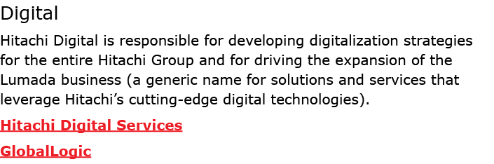 Digital Hitachi Digital is responsible for developing digitalization strategies for the entire Hitachi Group and for ...