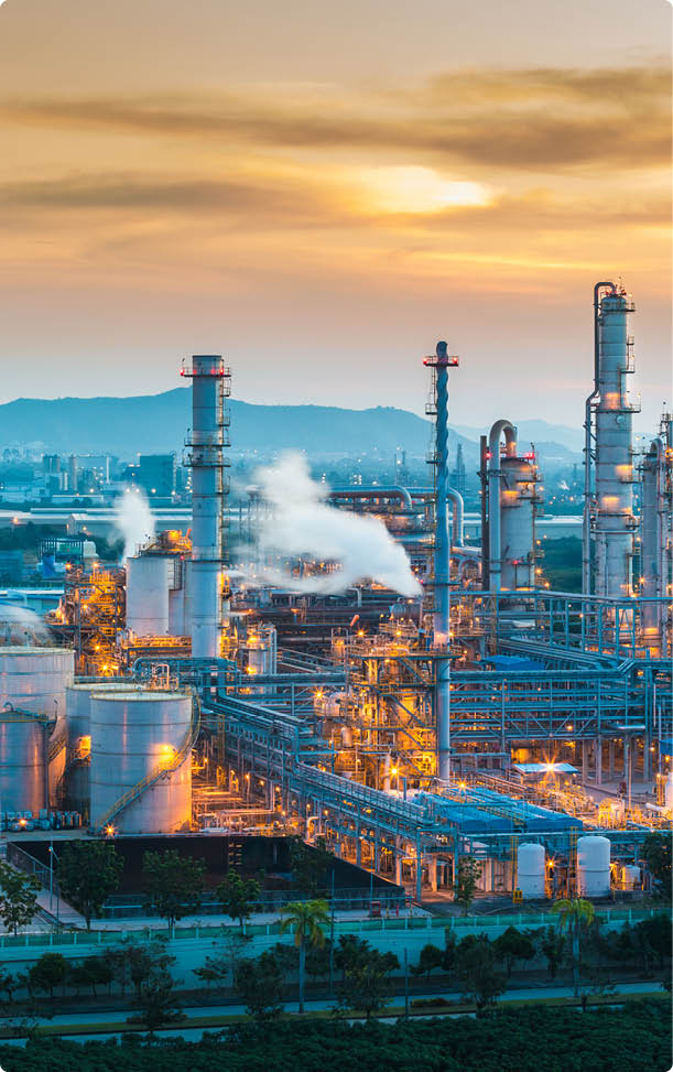 Oil and Gas refinery industry plant with lighting on twilight time , Petroleum refinery plant on night time