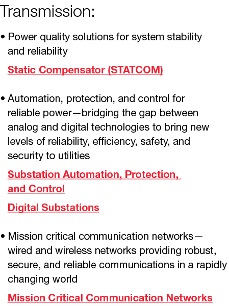 Transmission: • Power quality solutions for system stability    and reliability    Static Compensator (STATCOM) • Aut...