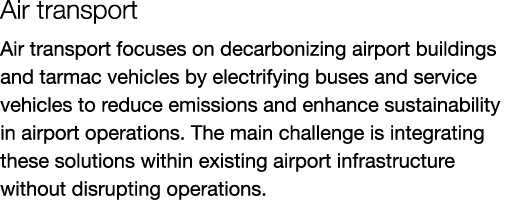 Air transport Air transport focuses on decarbonizing airport buildings and tarmac vehicles by electrifying buses and ...