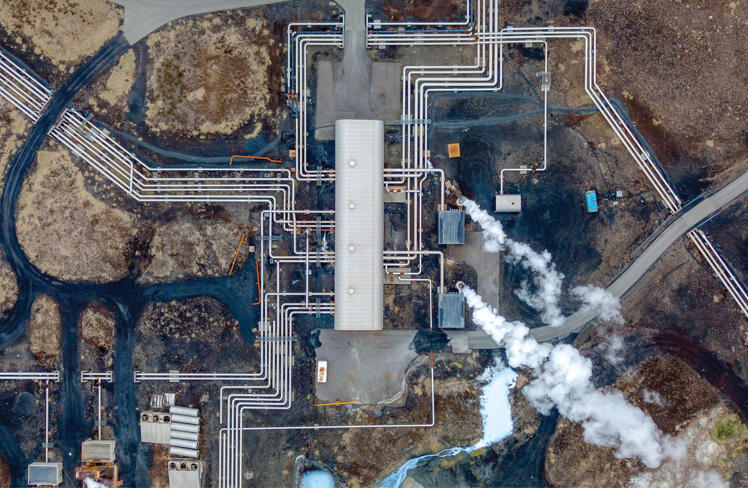 factory with Icelandic pipes seen from the drone