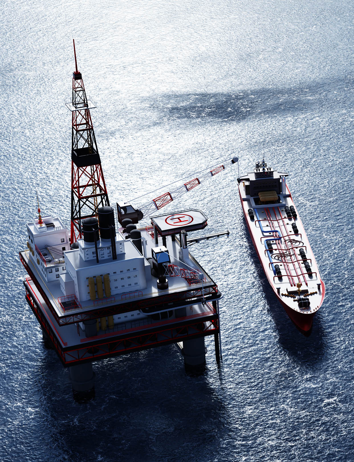 Oil platform on the ocean. Offshore drilling for gas and petroleum. Supply vessel alongside. Industrial