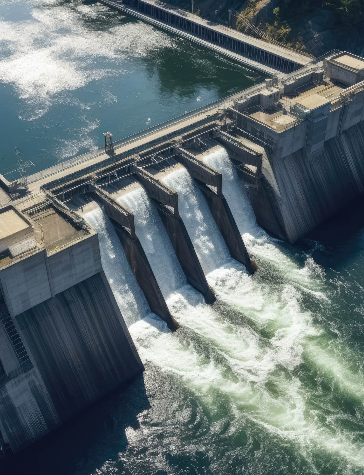 Hydroelectric power dam on a river in mountains, aerial view. Generative AI