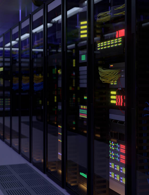 Working data center interior. Concept of hosting, computer cluster, supercomputer, virtual servers, digital cloud or mining crypto currency farm.