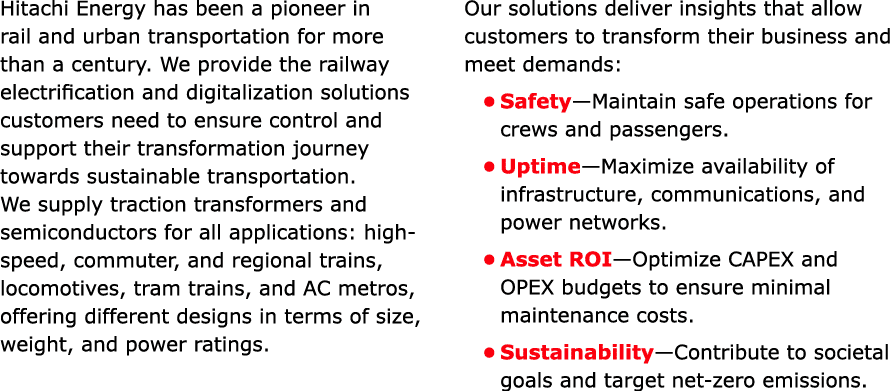 Hitachi Energy has been a pioneer in rail and urban transportation for more than a century. We provide the railway el...