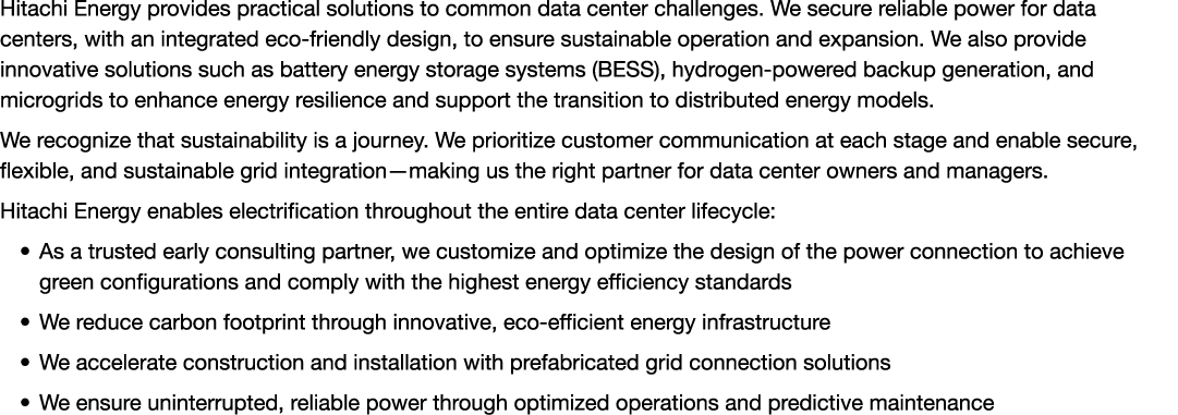 Hitachi Energy provides practical solutions to common data center challenges. We secure reliable power for data cente...