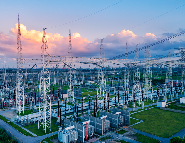 Aerial view of a high voltage substation.