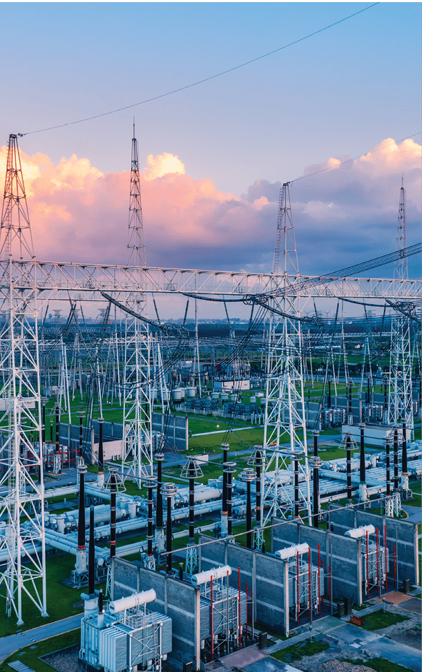 Aerial view of a high voltage substation.