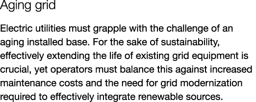 Aging grid Electric utilities must grapple with the challenge of an aging installed base. For the sake of sustainabil...