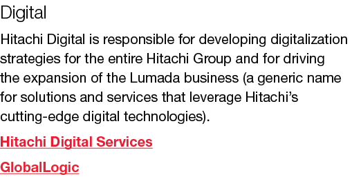 Digital Hitachi Digital is responsible for developing digitalization strategies for the entire Hitachi Group and for ...